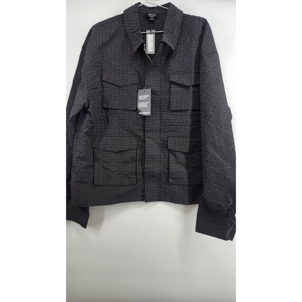 BoohooMan Men's Black L Tall Oversized Check Ripstop Cargo Shacket NWT
